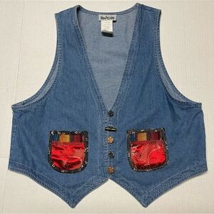Vintage Nina Piccalino Unique Women’s Denim Vest Size 10 Artsy 90s Cottagecore